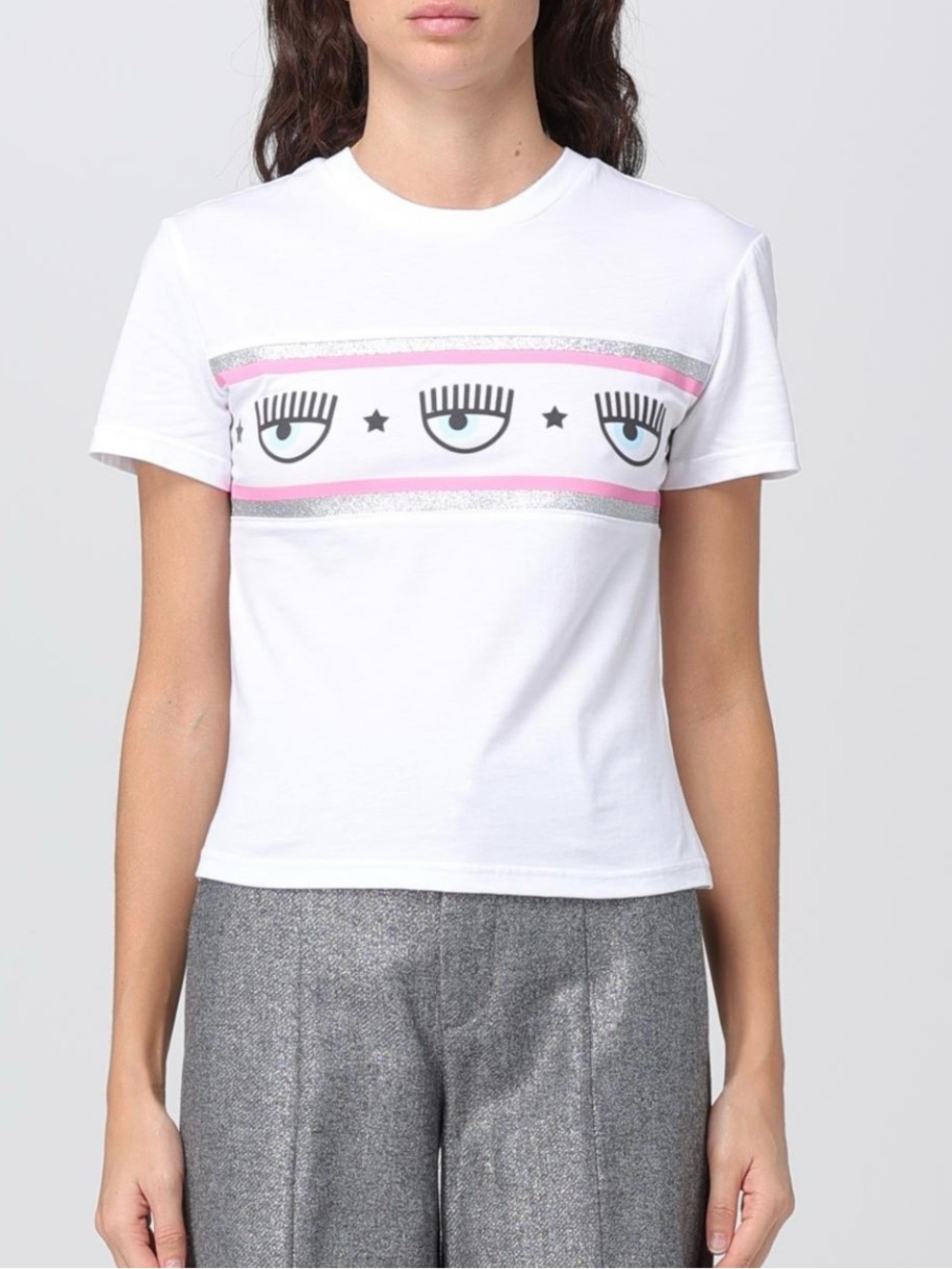 Chiara Ferragni White Crewneck Glitter Striped Flirty Eye Graphic Cotton Tee S